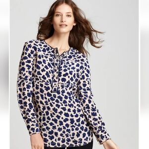 Tory Burch Robin Silk Blue Cheetah Print Long Sleeve Tunic Blouse Women's Size 2